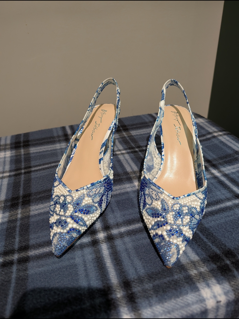 Betsey Johnson Blue and White Embellished Slingback Kitten Heels - Picture 3 of 5